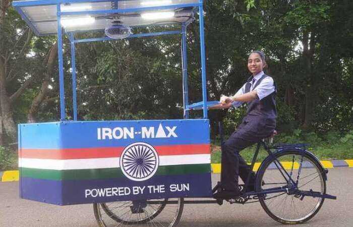 Vinisha teve a ideia de fazer a bicicleta com ferro de passar embutido que se sustenta por energia solar, 100% renovável e limpa (Foto: Reprodução/Instagram) Vinisha teve a ideia de fazer a bicicleta com ferro de passar embutido que se sustenta por energia solar, 100% renovável e limpa (Foto: Reprodução/Instagram)