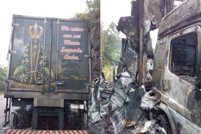 O acidente começou com uma pane no painel e queimou todo o caminhão, mas o motorista não se feriu (Foto: Redes Sociais/Reprodução) O acidente começou com uma pane no painel e queimou todo o caminhão, mas o motorista não se feriu (Foto: Redes Sociais/Reprodução)