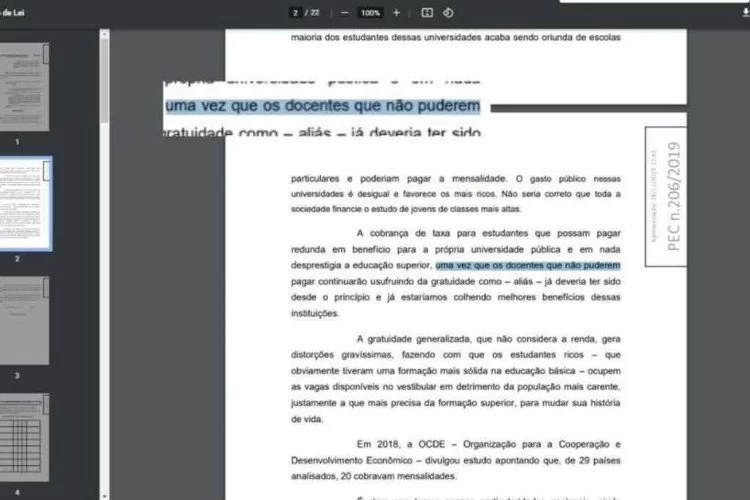Em PEC que pede cobrança de mensalidade em universidade pública deputado escreve docente em vez de discente (Foto: Reprodução) Em PEC que pede cobrança de mensalidade em universidade pública deputado escreve docente em vez de discente (Foto: Reprodução)