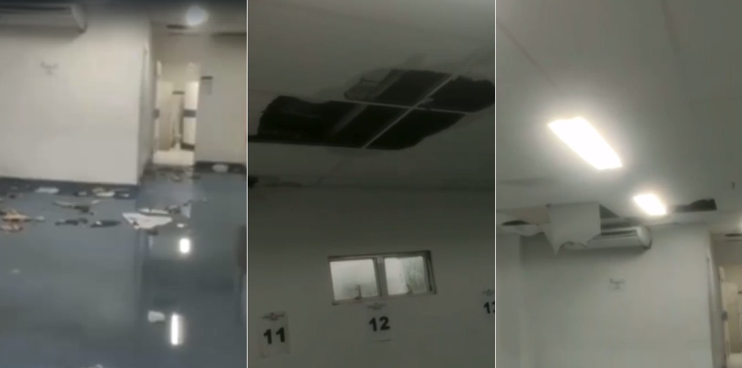 Parte do forro de gesso da enfermaria da clínica médica do Hospital Getúlio Vargas, caiu por causa de uma infiltração. (Mídias sociais/Reprodução) Parte do forro de gesso da enfermaria da clínica médica do Hospital Getúlio Vargas, caiu por causa de uma infiltração. (Mídias sociais/Reprodução)