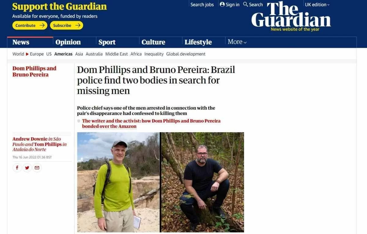 Imprensa internacional repercute corpos achados na busca por Bruno e Dom (Foto: Reprodução/The Guardian)