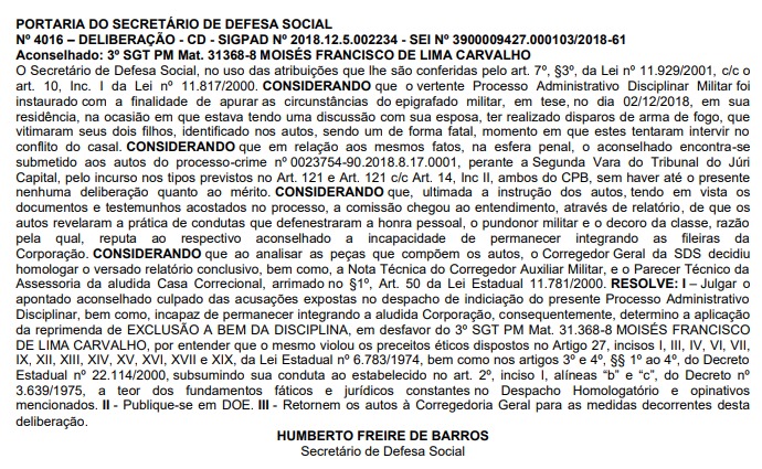 Boletim geral da Secretaria de Defesa Social do último sábado trouxe a expulsão de Moisés (Reprodução)