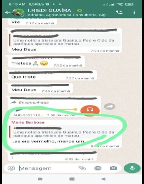 Mensagem no grupo de WhatsApp de Guaíra sobre a morte do padre: %u201CSe era vermelho, menos um%u201D.