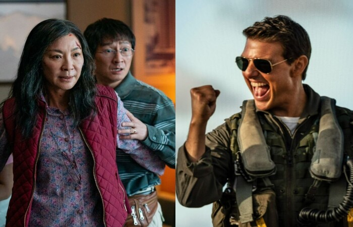 (Dois dos lançamentos mais populares de 2022, 'Tudo em Todo Lugar ao Mesmo Tempo' e 'Top Gun: Maverick' foram indicados nas categorias de Melhor Filme. ) (Dois dos lançamentos mais populares de 2022, 'Tudo em Todo Lugar ao Mesmo Tempo' e 'Top Gun: Maverick' foram indicados nas categorias de Melhor Filme. )