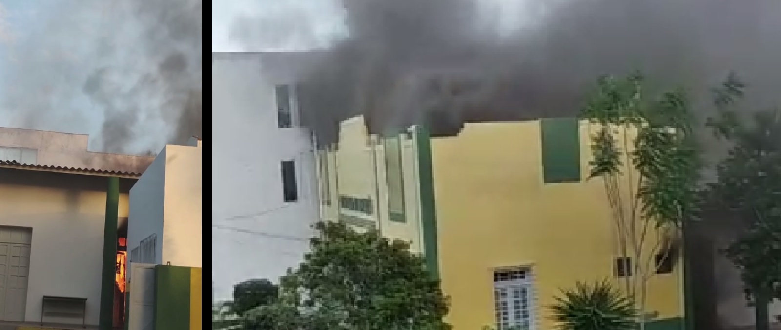 Incndio destruiu materiais de higiene e limpeza da Secretaria de Sade de Joo Alfredo (Montagem com imagens de vdeos do WhatsApp)