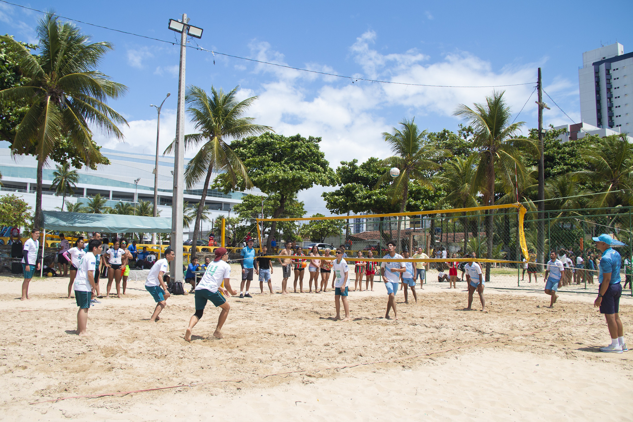 Grupo De Pessoas Jogando Vôlei De Praia Na Costa · Foto profissional  gratuita