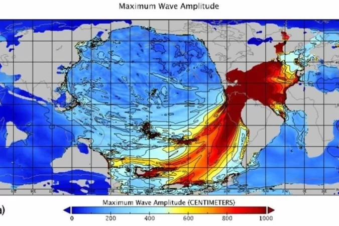De acordo com clculos dos autores do estudo, a energia inicial do evento geolgico foi 30 mil vezes maior do que a energia do tsunami de dezembro de 2004, que matou 230 mil pessoas
 (Foto: From Range et al. em AGU Avanos)