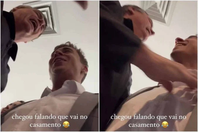 Nikolas est noivo da modelo Lvia Bergamim Orletti desde 15 de janeiro deste ano. "Chegou falando que vai no casamento", escreveu o deputado em um vdeo que mostra o momento em que ele abraa o ex-presidente
 (Foto: Instagram @nikolasferreiradm/Reproduo)