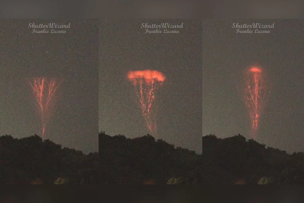Segundo especialistas, eles so conhecidos como gigantic jets. Extremamente raros, estes raios acontecem cerca de apenas mil vezes ao ano. (Frankie Lucena)