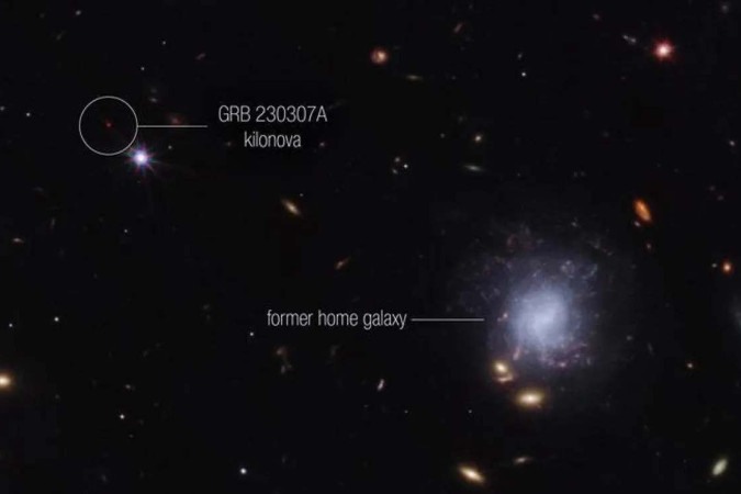 Fenmeno foi causado pela coliso de dois corpos celeste denominados estrelas de nutrons (foto: NASA, ESA, CSA, STScI, Andrew Levan (IMAPP, Warw))
