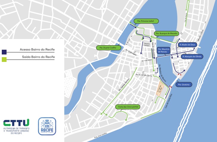 Mapa mostra como vai ficar o trânsito no Centro do Recife  (Foto: Reprodução/CTTU)