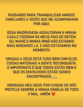 Print onde Bruna Biancardi se pronuncia sobre assalto a casa de seus pais (Crditos: Reproduo / Instagram)