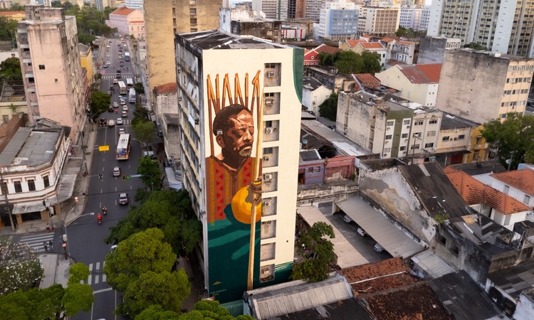 O megamural tem 200 metros quadrados e ocupa a lateral do Edifcio Guiomar, em frente ao Parque 13 de Maio, nas proximidades da Faculdade de Direito do Recife (Foto: Rennan Peixe Divulgao)