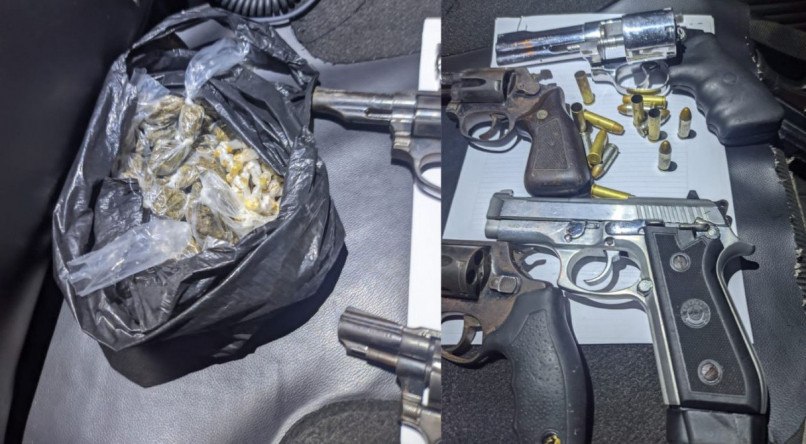 Com os suspeitos, foram apreendidas armas de fogo, drogas e dinheiro em espécie (Foto: Divulgação/PMPE) Com os suspeitos, foram apreendidas armas de fogo, drogas e dinheiro em espécie (Foto: Divulgação/PMPE)