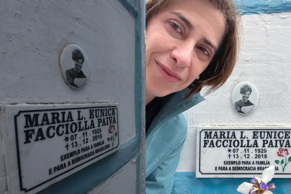 A atriz Fernanda Torres, que interpretou Eunice Paiva em 'Ainda Estou Aqui', compartilhou o momento da visita ao tmulo nas redes sociais  (foto: Paulo Pinto/Agncia Brasil e Reproduo/Instagram )