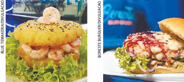 Sandushi de salmo adapta livremente cultura japonesa. Hambrguer de frutos do mar traz at lagosta assada (Blue Temakeria/Divulgacao | Boreste Burguer/Divulgacao)