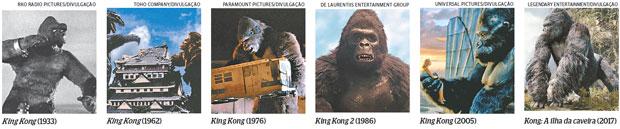 King Kong (1933) | King Kong (1962) | King Kong (1976) | King Kong 2 (1986) | King Kong (2005) | Kong: A ilha da caveira (2017) (RKO Radio Pictures/Divulgao | Toho Company/Divulgao | Paramount Pictures/Divulgao | De Laurentiis Entertainment Group | Universal Pictures/Divulgao | Legendary Entertainment/Divulgao)